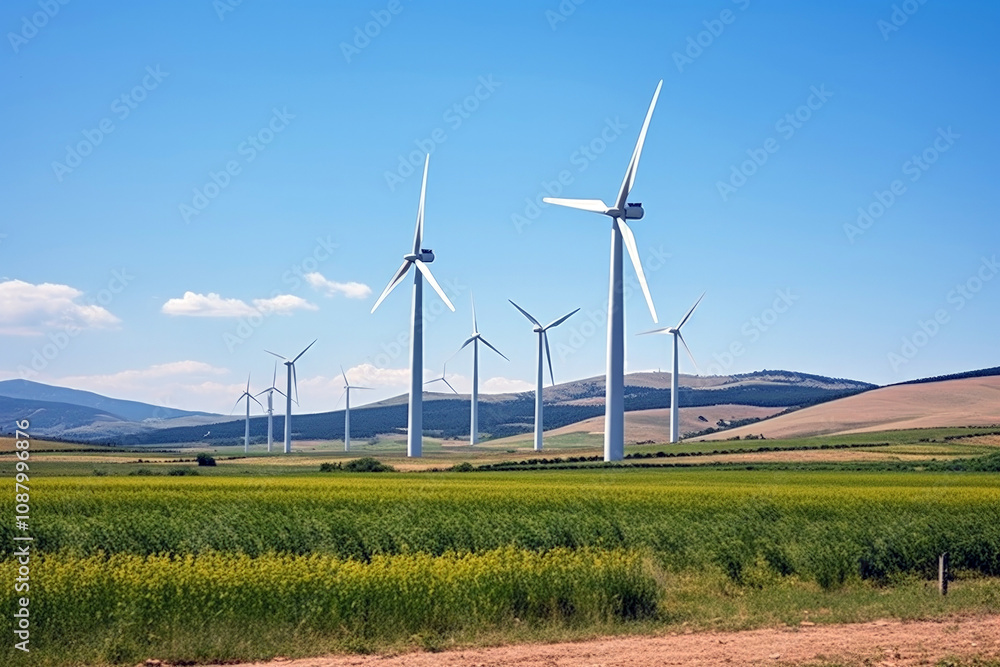 Green Fields with Wind Turbines and Blue Sky Green Fields with Wind Turbines and Blue Sky