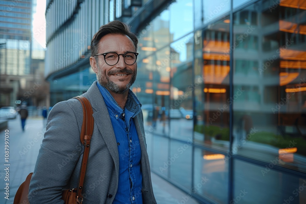 Confident businessman smiling in front of modern office building wearing glasses blue shirt grey jacket holding leather bag Confident businessman smiling in front of modern office building wearing glasses blue shirt grey jacket holding leather bag