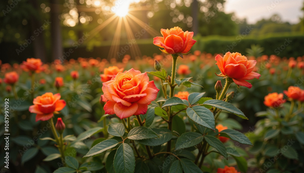 Orange roses blooming in garden at sunset Orange roses blooming in garden at sunset