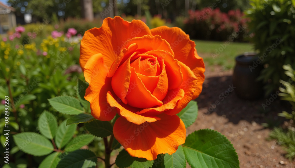 Vibrant orange rose blooming in sunny garden Vibrant orange rose blooming in sunny garden