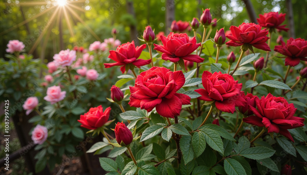 Vibrant red roses blooming in sunlit garden Vibrant red roses blooming in sunlit garden