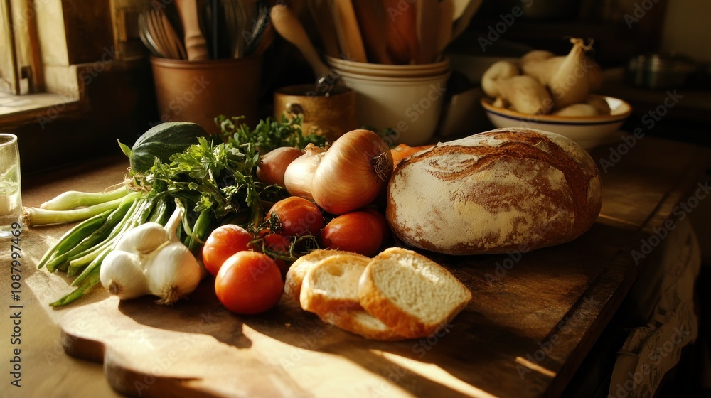 Rustic kitchen counter with fresh vegetables, bread, and a glass of water. Rustic kitchen counter with fresh vegetables, bread, and a glass of water.