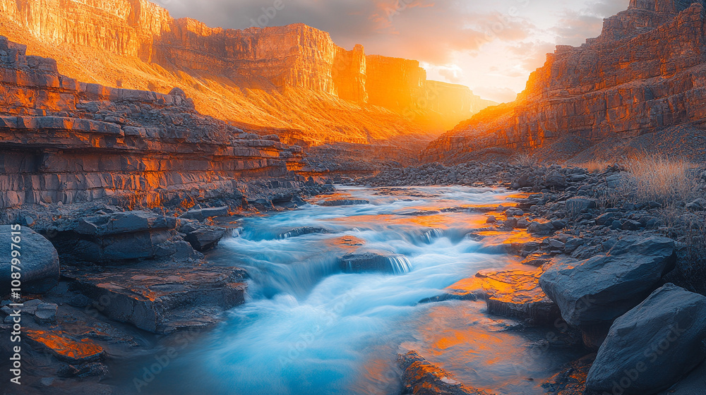 Fototapeta premium deep canyon with a serene blue river flowing gently between rugged rocky cliffs, showcasing the raw beauty of untouched nature and the power of water to carve landscapes over time
