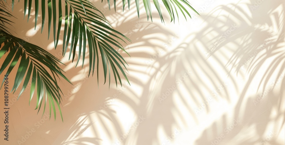 Abstract Palm Leaf Shadows on White Wall with Soft Light for Tropical Product Mockup Abstract Palm Leaf Shadows on White Wall with Soft Light for Tropical Product Mockup