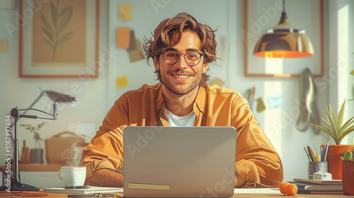 Smiling Man Working Remotely on Laptop at Home  
 photo