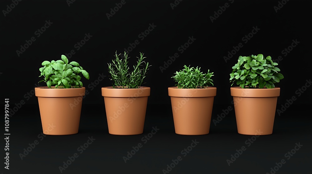 Four potted herbs on a dark background, showcasing vibrant green plants for culinary use. Four potted herbs on a dark background, showcasing vibrant green plants for culinary use.