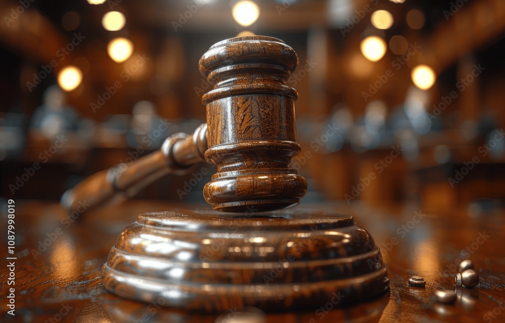 Wooden gavel on courtroom table with judge and people in blurred background, symbol of law, justice, and legal proceedings