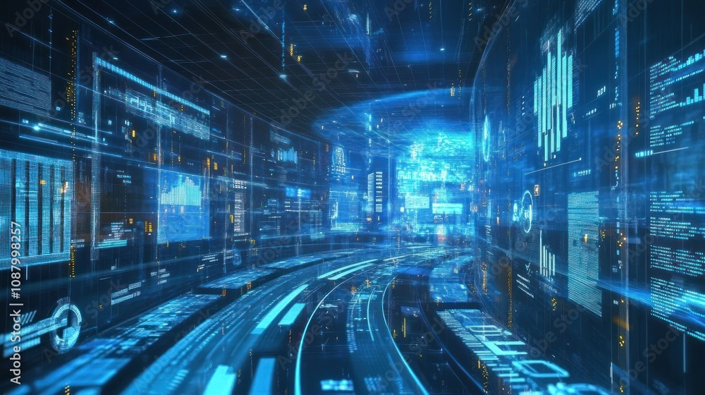 Futuristic digital tunnel with glowing blue data screens and graphics. Futuristic digital tunnel with glowing blue data screens and graphics.