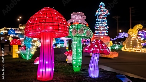 Wallpaper Mural Colorful illuminated mushrooms in a festive night display. Torontodigital.ca