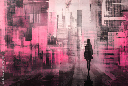 Transcendent Pink Urban Landscape with Silhouette, A Calm Oasis in Digital Art