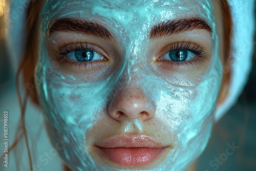 A beautician carefully applying a white cosmetic facemask to a client's face during a relaxing spa treatment