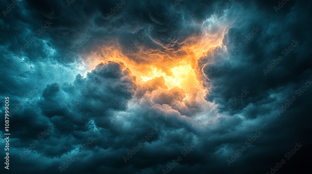 A dramatic sky with dark storm clouds, partially illuminated by a bright light breaking through the cloud cover, creating a contrasting atmosphere of tension, hope, and the power of nature A dramatic sky with dark storm clouds, partially illuminated by a bright light breaking through the cloud cover, creating a contrasting atmosphere of tension, hope, and the power of nature