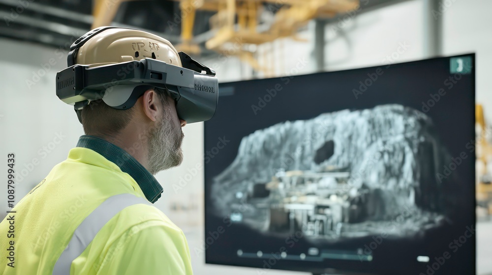 A construction worker wearing a VR headset, looking at a 3D model of a building on a large screen. A construction worker wearing a VR headset, looking at a 3D model of a building on a large screen.