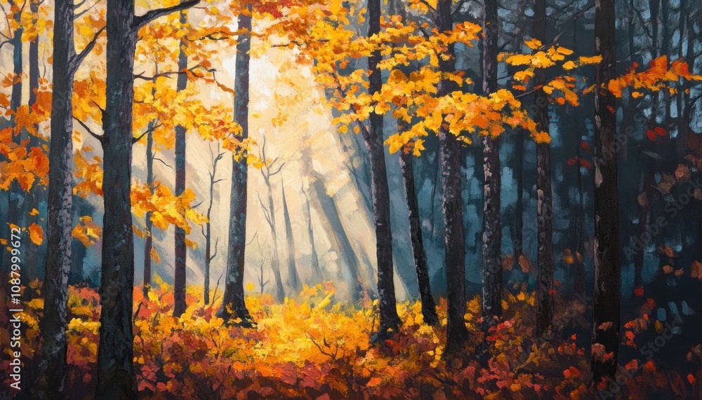 Fototapeta premium Sunlight streams through the trees in a dense autumn forest, illuminating the golden leaves on the ground.