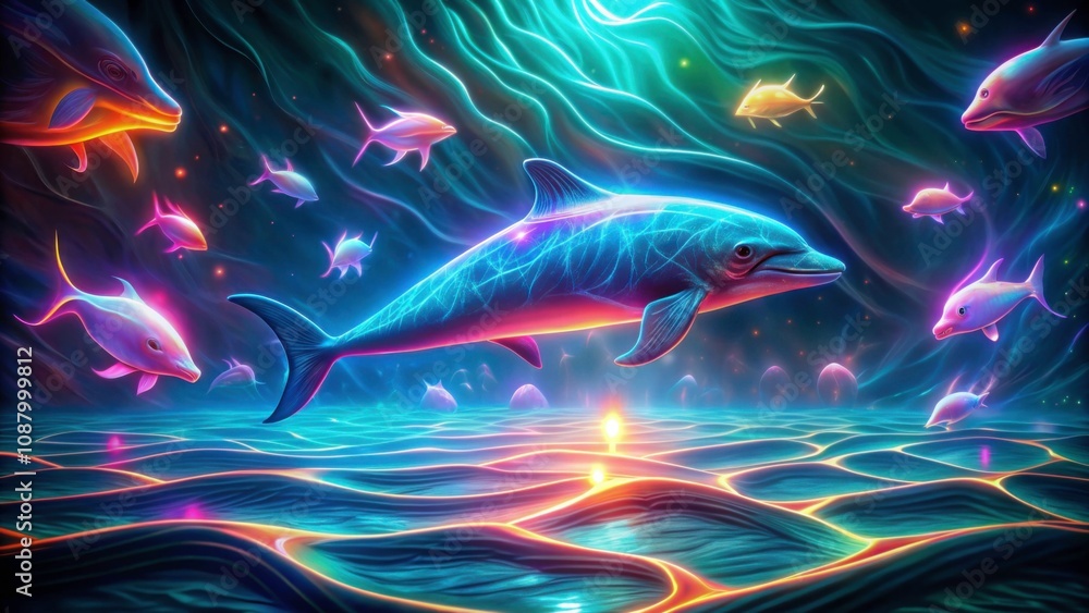Obraz premium The background depicts an underwater scene with dynamic light effects and a rich array of colors predominantly in shades of blue, purple, and pink, giving it a magical or fantastical feel.