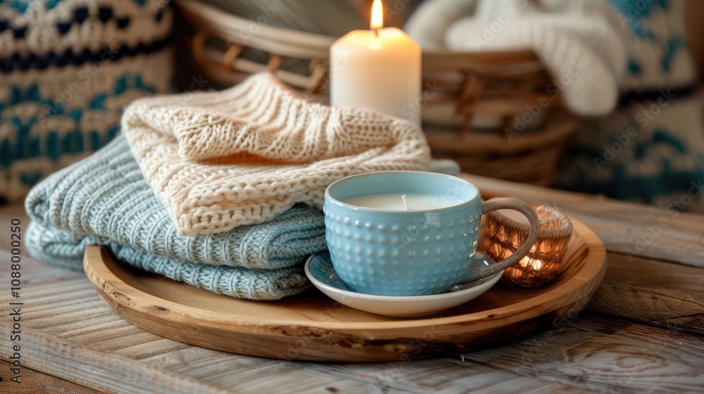 winter christmas greeting card white candle blue tea cup natural wooden tray and piles of cardigans winter christmas greeting card white candle blue tea cup natural wooden tray and piles of cardigans