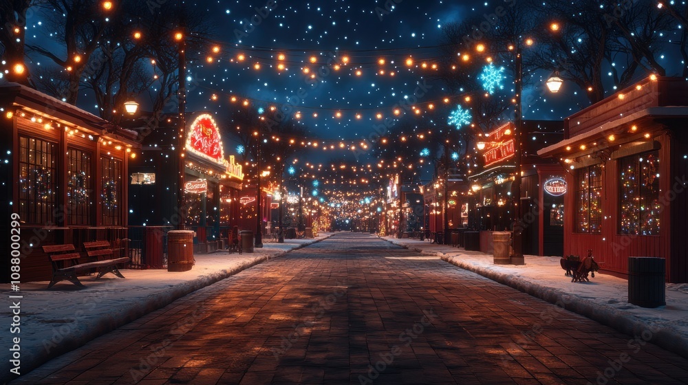 A festive street scene illuminated by lights and snowflakes. A festive street scene illuminated by lights and snowflakes.