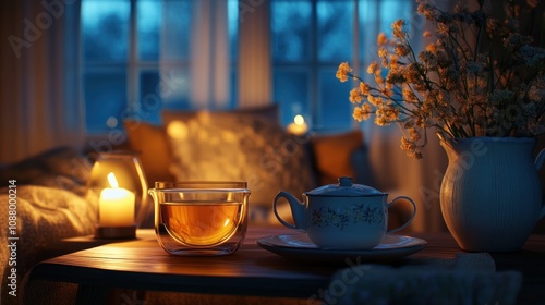 A warm cup of tea sits on a table with a teapot, candle, and flowers in a vase by a window as the sun sets.