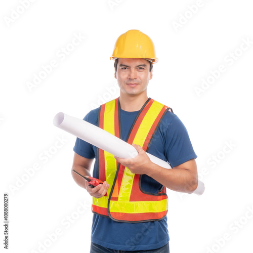 Portrait architect man engineering with yellow helmet holding sketches paper plan in hands isolated on a transparent png background