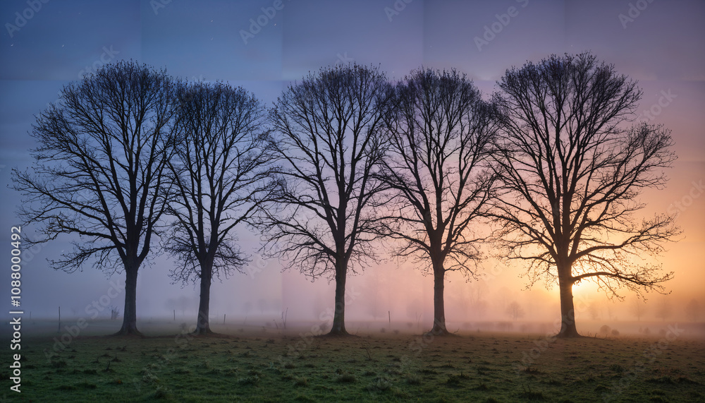Cinq arbres sous un ciel au crépuscule Cinq arbres sous un ciel au crépuscule