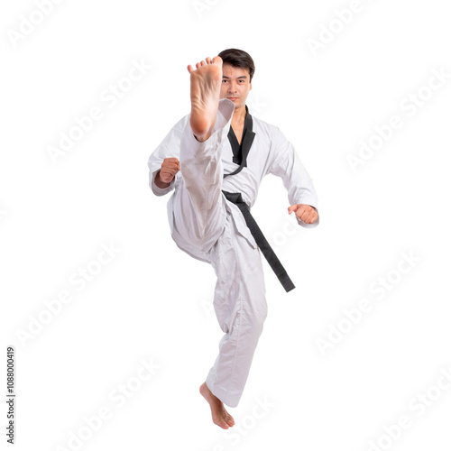 Taekwondo high kick - black belt  taekwondo athlete martial arts master , handsome man show high kick pose during fighter training isolated on a transparent png background