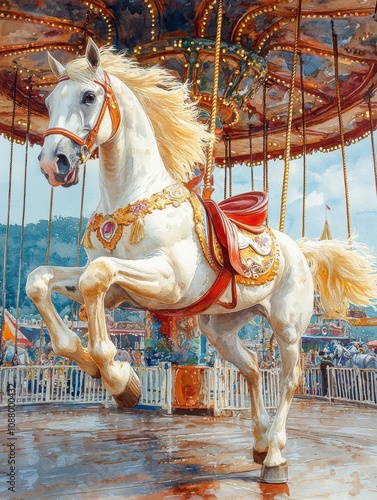 A white carousel horse with a red saddle and gold accents, in mid-stride,  with a blurred background of other horses and people. photo