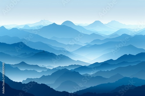 Serene Blue Mountain Landscape with Foggy Sky