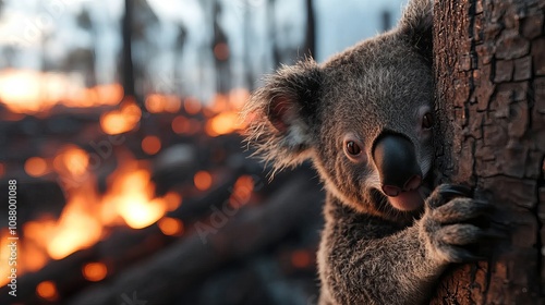 A vulnerable koala clings to a charred tree as flames engulf the forest, highlighting the impact of wildfires on wildlife.