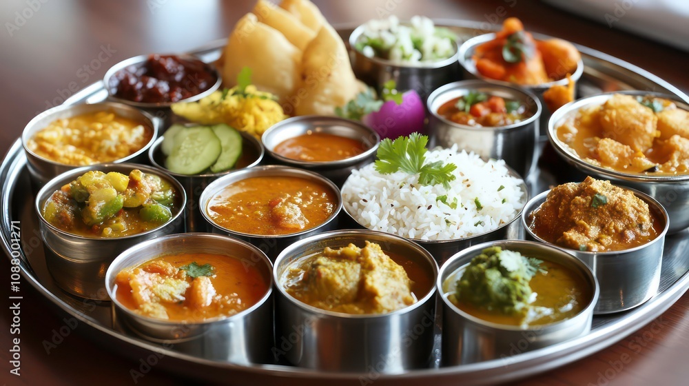 An assortment of Indian dishes served on a silver platter, including curries, rice, and naan bread. An assortment of Indian dishes served on a silver platter, including curries, rice, and naan bread.
