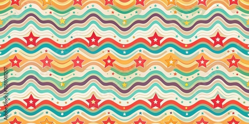 Seamless retro pattern with colorful waves and scattered stars, retro, seamless, pattern, colorful, abstract, waves, stars, vintage