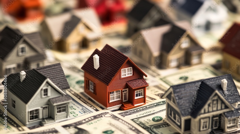 Miniature houses sitting on US dollar bills. Miniature houses sitting on US dollar bills.