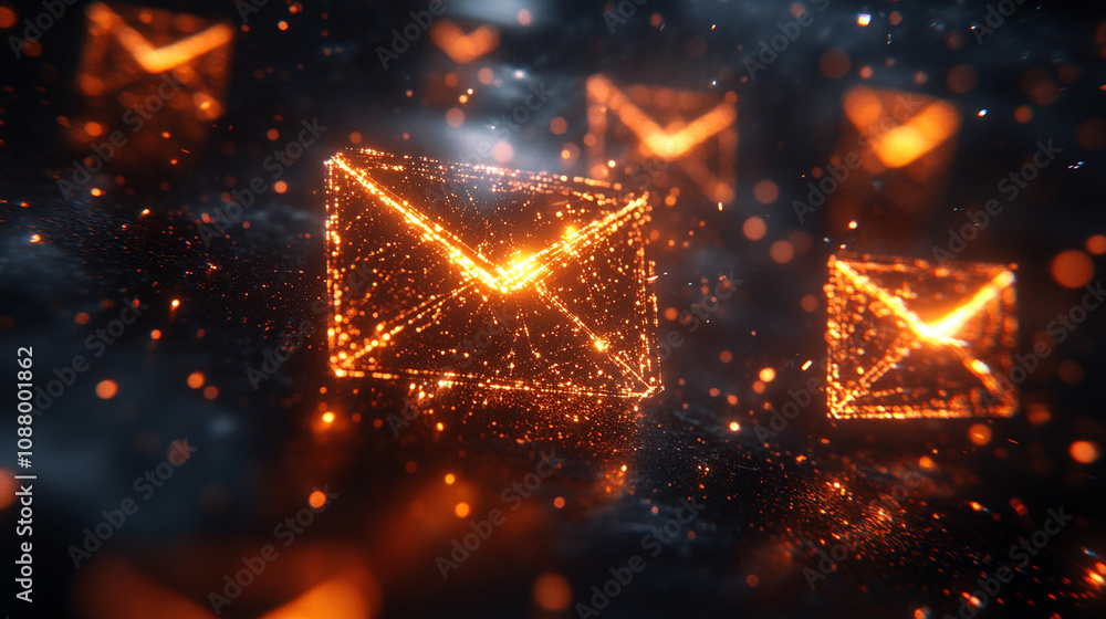 Multiple glowing email icons floating in a digital network symbolize fast communication and connection emphasizing efficient information sharing in a modern interconnected digital world Multiple glowing email icons floating in a digital network symbolize fast communication and connection emphasizing efficient information sharing in a modern interconnected digital world
