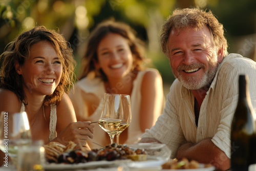 Family Happiness Tips. Joyful gathering of friends enjoying wine and food in a sunny outdoor setting, filled with laughter and smiles.