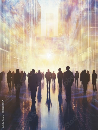 Wallpaper Mural People gather in a futuristic setting, facing a colorful abstract AI display that illuminates the surroundings with vibrant light. Generative AI Torontodigital.ca