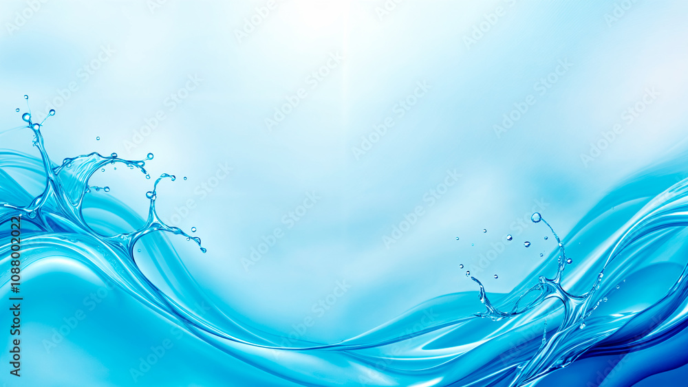 Obraz premium A serene, soft background with beautiful, flowing water elements. Gentle splashes and wave-like curves of blue water appear around the edges, creating a calming and harmonious design. 