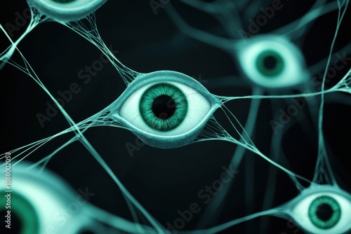 Surreal Eyes Connected by Weblike Structures in Futuristic Artwork