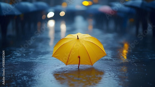 Wallpaper Mural A solitary yellow umbrella glows amid the dark umbrellas of city commuters, a contrast against the wet pavement and raindrops Torontodigital.ca