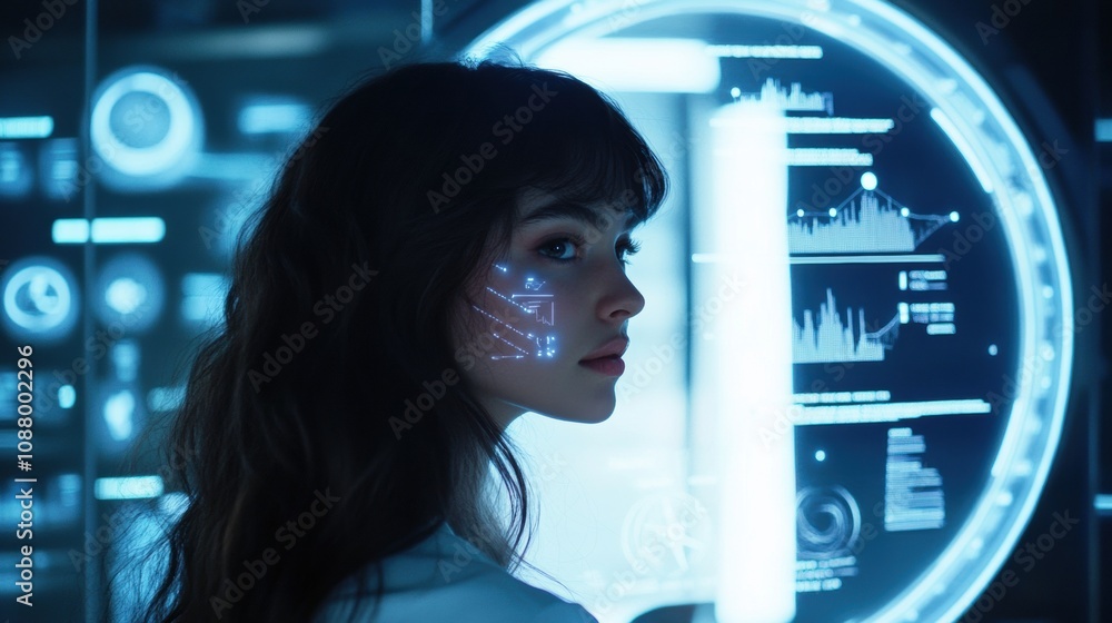 A person interacts with a high-tech mirror that analyzes hair health and offers personalized recommendations in a modern salon. Generative AI A person interacts with a high-tech mirror that analyzes hair health and offers personalized recommendations in a modern salon. Generative AI