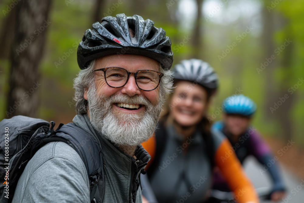 Family Happiness Tips. A smiling older man with a beard and glasses enjoys biking in a forest, accompanied by two women in helmets. Family Happiness Tips. A smiling older man with a beard and glasses enjoys biking in a forest, accompanied by two women in helmets.