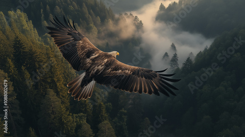 Eagle Soaring Over Misty Forest Valley with Canyon Below photo