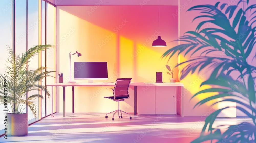 A modern home office with a desk, chair, computer, and plants in a room with large windows and warm lighting. A modern home office with a desk, chair, computer, and plants in a room with large windows and warm lighting.