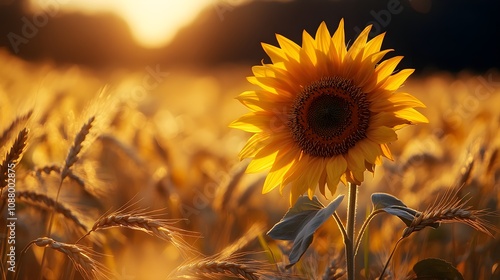 A towering sunflower stands alone, bathing in sunlight, while a field of wheat bends and sways in the breeze, paying homage to the bright bloom