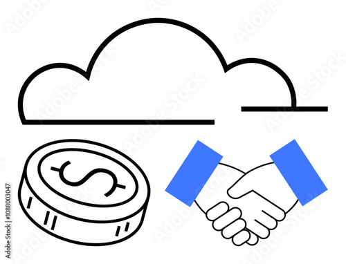 Cloud icon above dollar coin and handshake symbols. Ideal for business, finance, technology, cloud computing, partnerships, digital transactions, and economic growth concepts. Line metaphor
