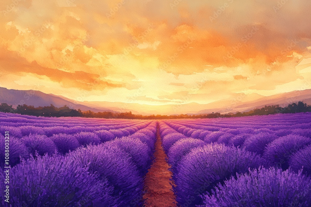 A breathtaking view of a lavender field at sunset, with a path leading through the rows of flowers towards a distant mountain range. A breathtaking view of a lavender field at sunset, with a path leading through the rows of flowers towards a distant mountain range.