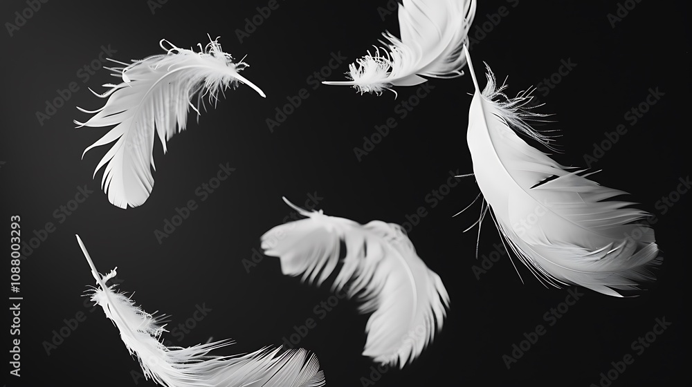 Obraz premium A collection of delicate white feathers gracefully floating against a dark background.