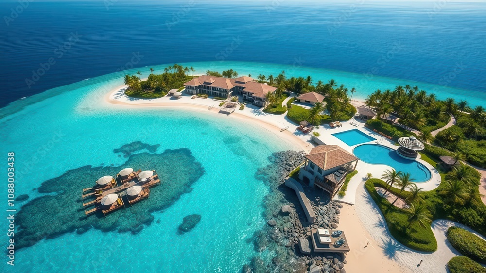 A breathtaking view of a luxurious oceanfront property with a pristine beach and crystal clear blue waters, ocean front, travel A breathtaking view of a luxurious oceanfront property with a pristine beach and crystal clear blue waters, ocean front, travel
