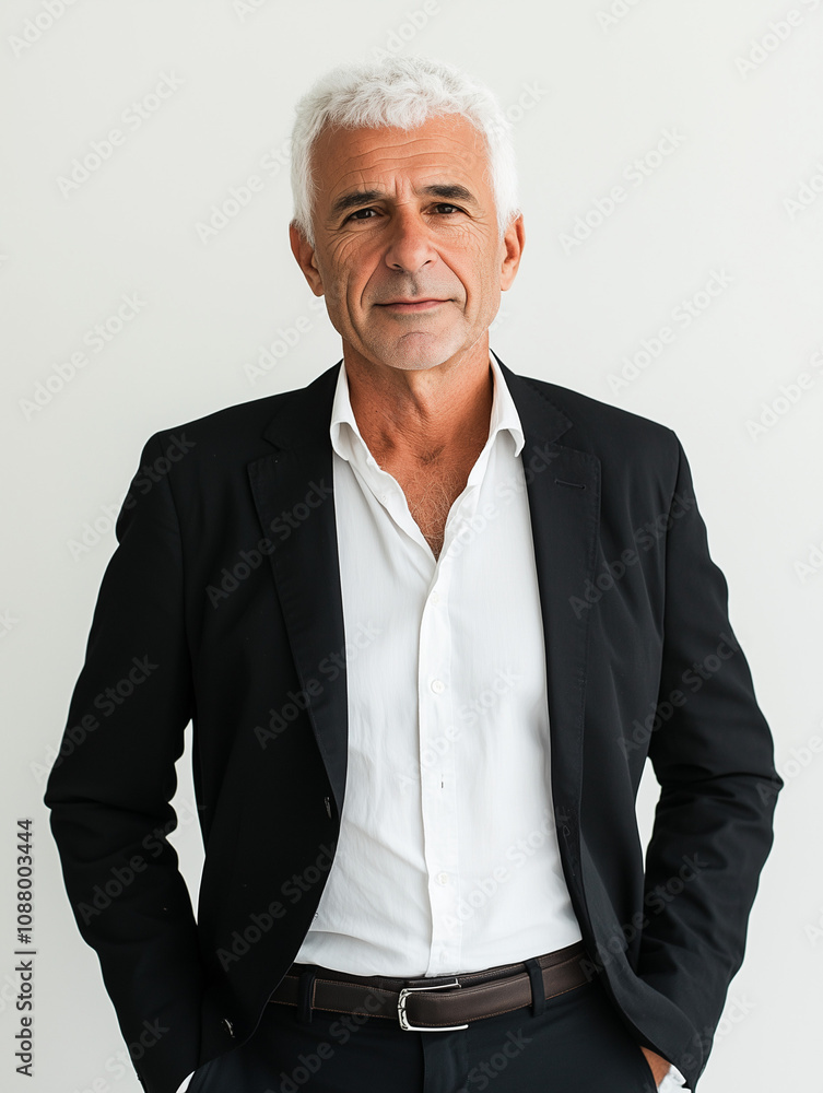Un homme d'affaires d'environ 50 ans ou 60 ans debout sur fond blanc, image de l'entrepreneur, du directeur commercial ou marketing, du cadre dirigeant, exécutif, président ou top manager Un homme d'affaires d'environ 50 ans ou 60 ans debout sur fond blanc, image de l'entrepreneur, du directeur commercial ou marketing, du cadre dirigeant, exécutif, président ou top manager