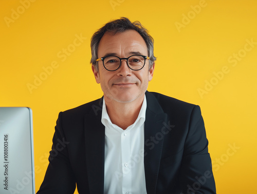 Portrait d'un senior en entreprise : homme d'âge mûr en tenue de travail de type chemise blanche et costume noir d'environ 50 ou 60 ans sur fond jaune photo