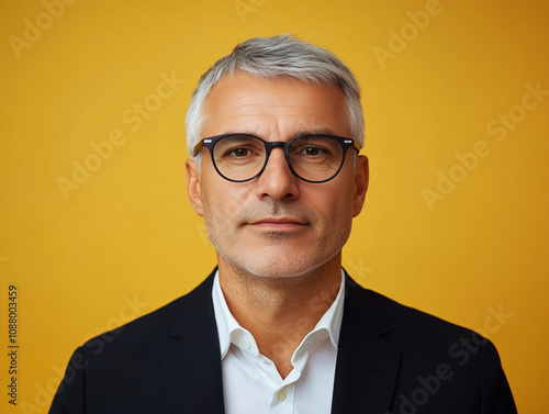 Portrait d'un senior en entreprise : homme d'âge mûr en tenue de travail de type chemise blanche et costume noir d'environ 50 ou 60 ans sur fond jaune photo