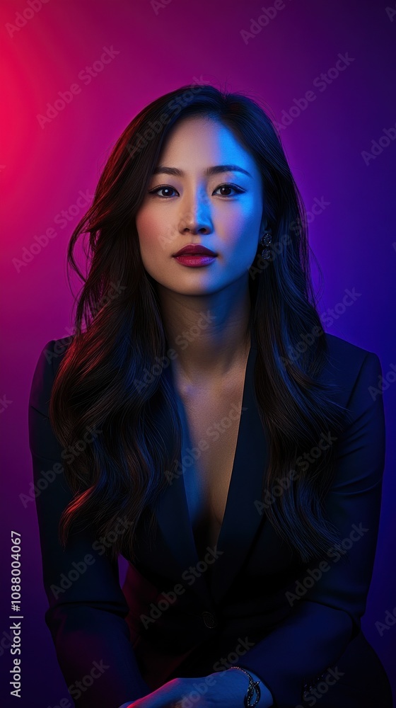 A portrait of a woman with long hair, styled in a blazer, illuminated by colorful lighting. A portrait of a woman with long hair, styled in a blazer, illuminated by colorful lighting.